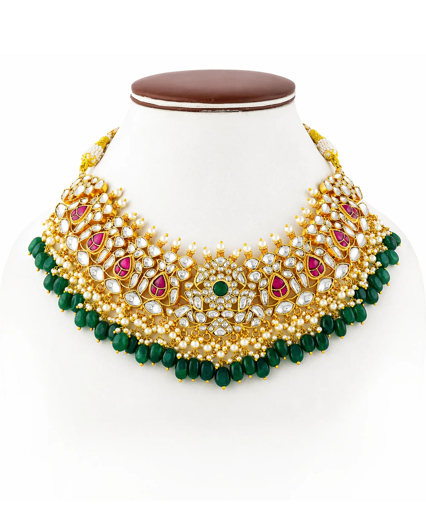 Gold Plated Kundan Bridal Necklace Set with Maang Tikka & Chandbali Earrings, Indian Wedding Jewelry Set, Green Beads Rani Pink Polki Choker