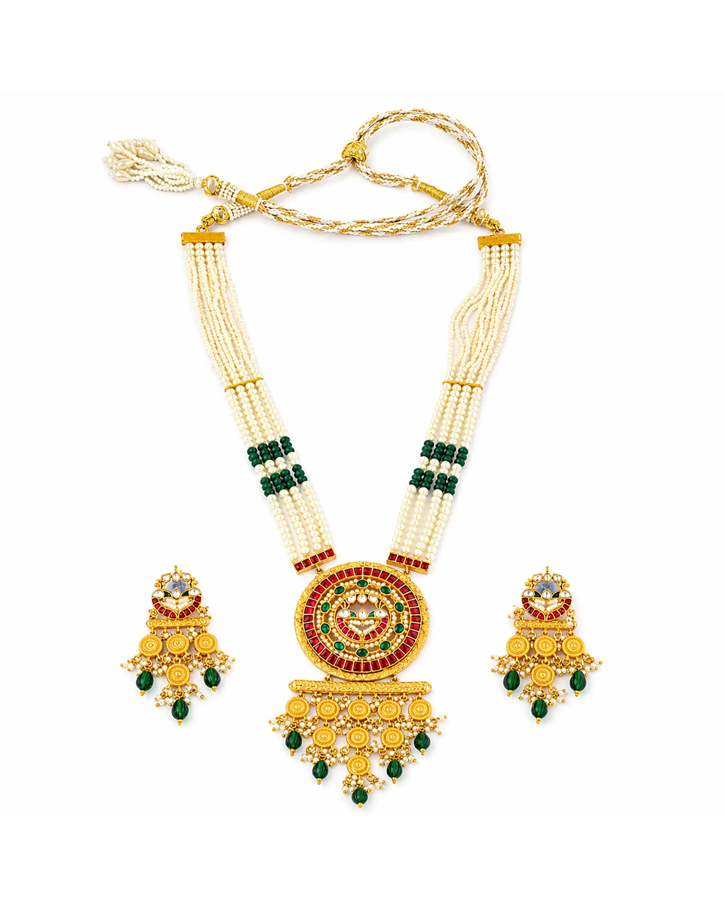 Traditional Long Pendant Necklace Set, Indian Pearl Mala Jewelry, Kundan Bridal Necklace, Ethnic Wedding Jewelry Set, Green Red Pendant Set