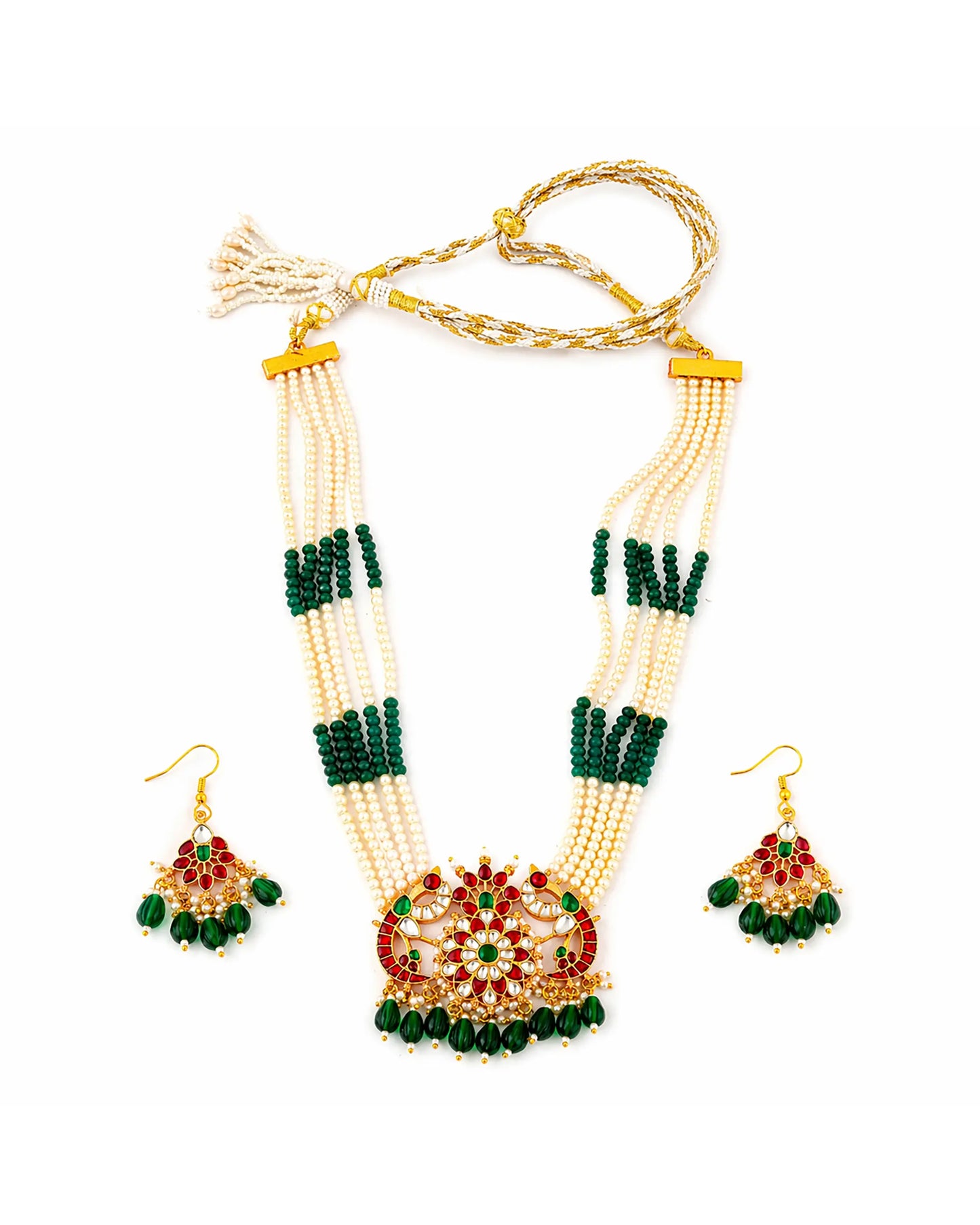 Handmade Long Pendant Necklace Set, Indian Pearl Mala Jewelry, Kundan Bridal Necklace, Ethnic Wedding Jewelry Set, Green Red Pendant Set