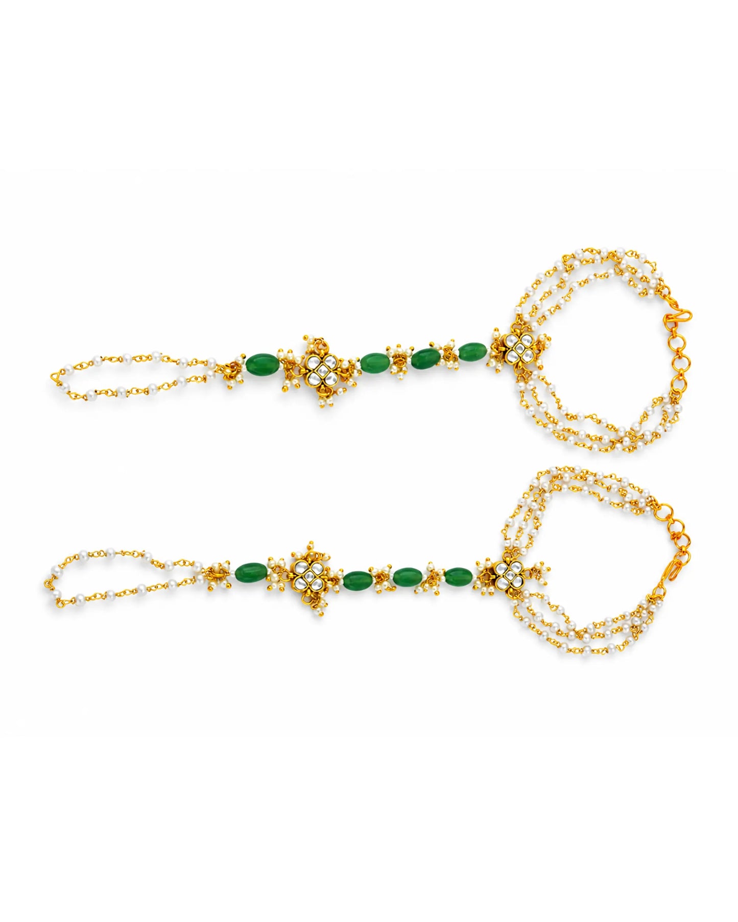 Kundan Pearl Hathphool with Green Beads