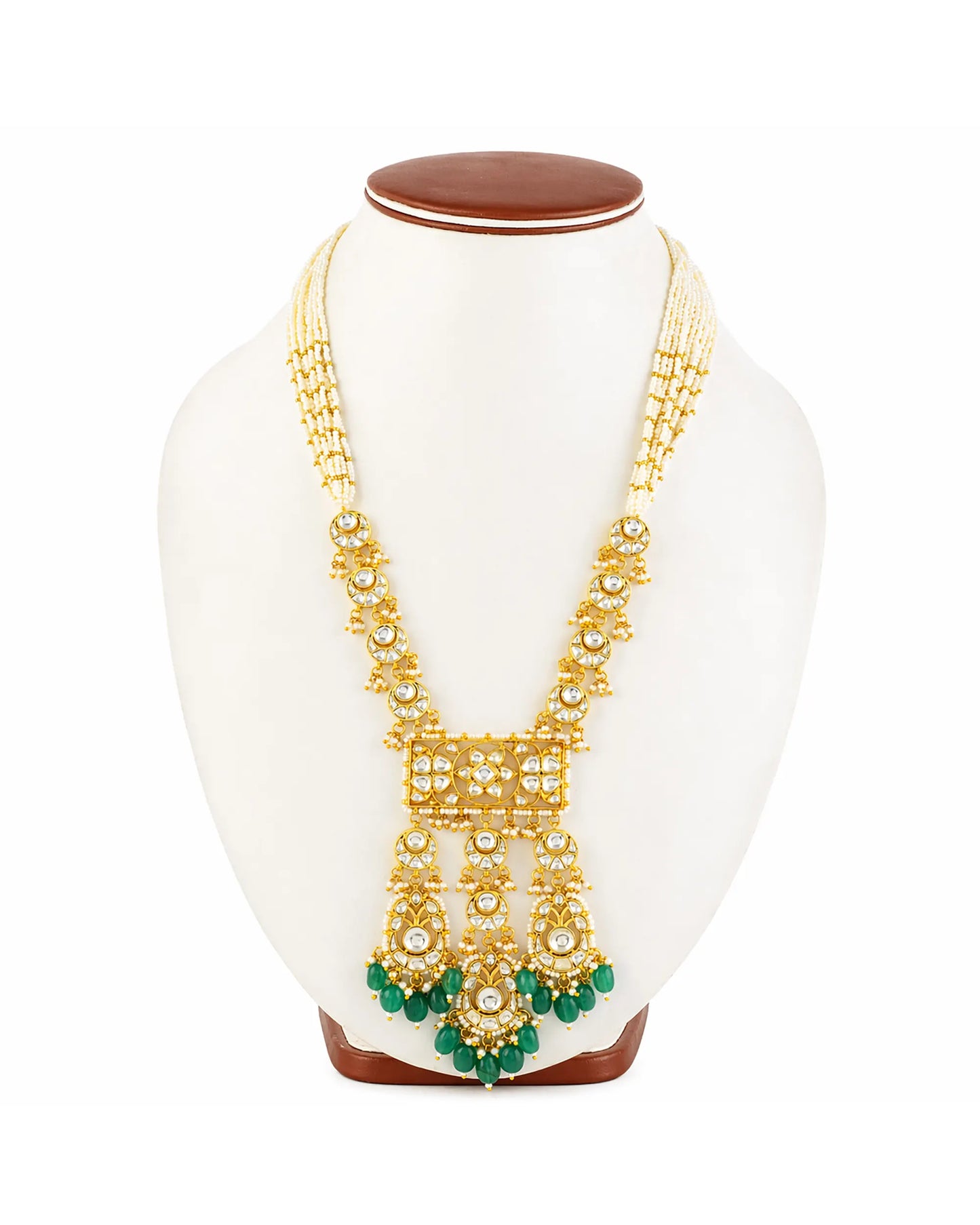 Long Kundan Pearl Pendant Necklace Set, Green Beaded Bridal Jewelry, Indian Wedding Jewelry, Ethnic Polki Necklace Earrings Maang Tikka