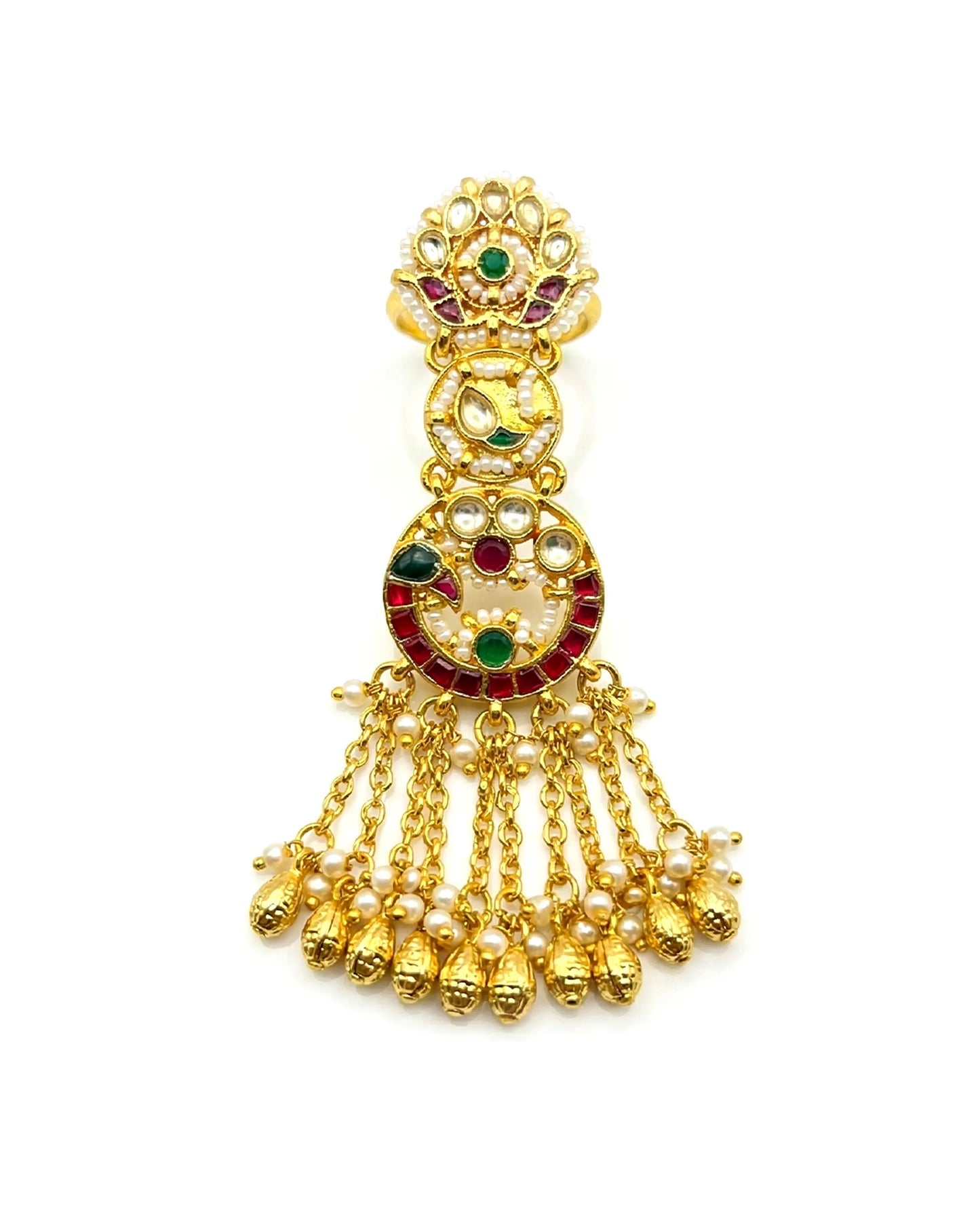 Long Kundan Statement Ring 18k Gold Plated Pearl Green Red Adjustable Ring Jewelry