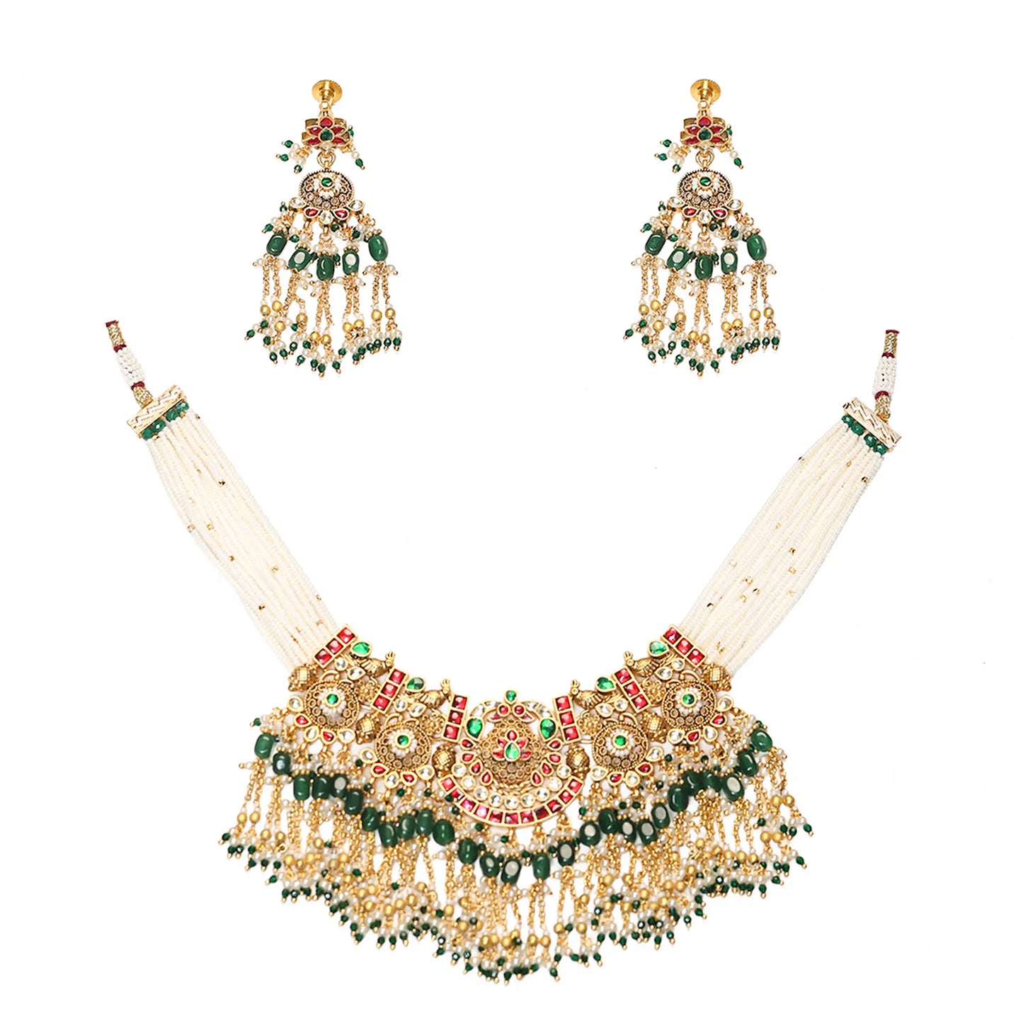 Kundan Pearl Choker Necklace Set with Green Beads Gold Polki Bridal Jewelry Set with Earrings, Wedding Choker, Traditional Ethnic Jewelry