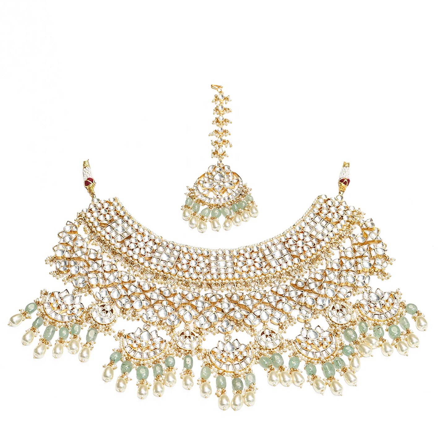 Kundan Bridal Necklace Set with Mint Green Beads, Indian Wedding Jewelry Set, Gold Pearl Choker Necklace, Pakistani Bridal Jewelry
