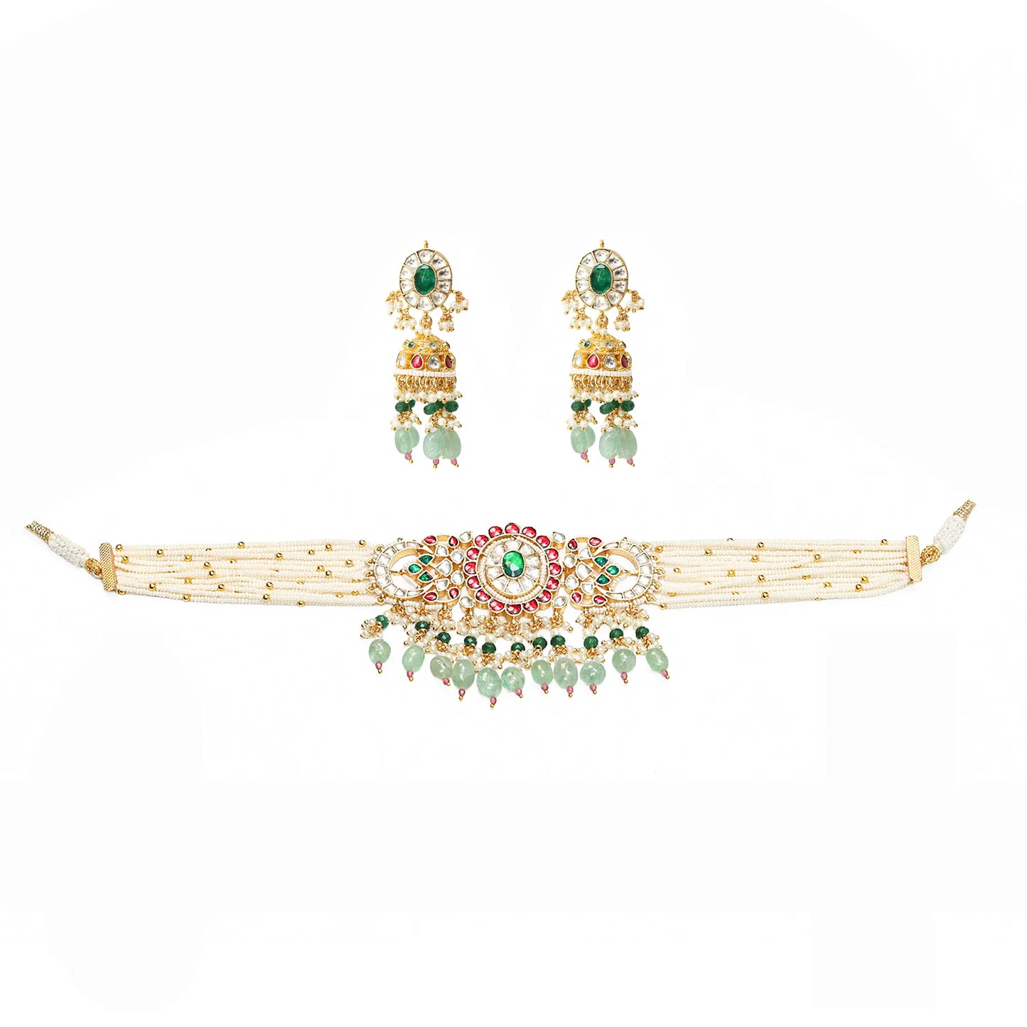 Kundan Pearl Choker Set with Beads Gold Polki Bridal Necklace & Earrings, Indian Wedding Jewelry, Traditional Ethnic Choker Necklace