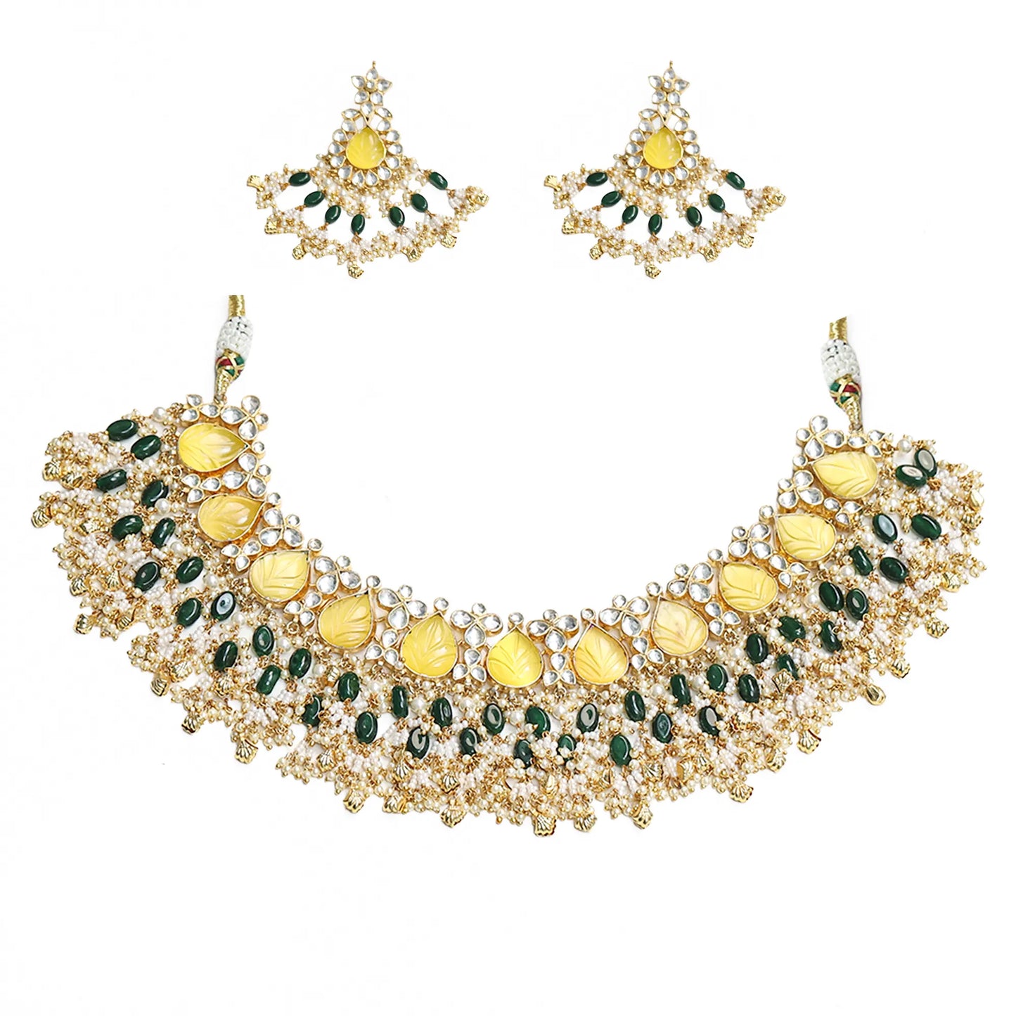 Bridal Kundan Necklace Set, Yellow & Green Statement Wedding Jewelry, Traditional Indian Choker Set with Earrings, Gold Bridal Jewelry