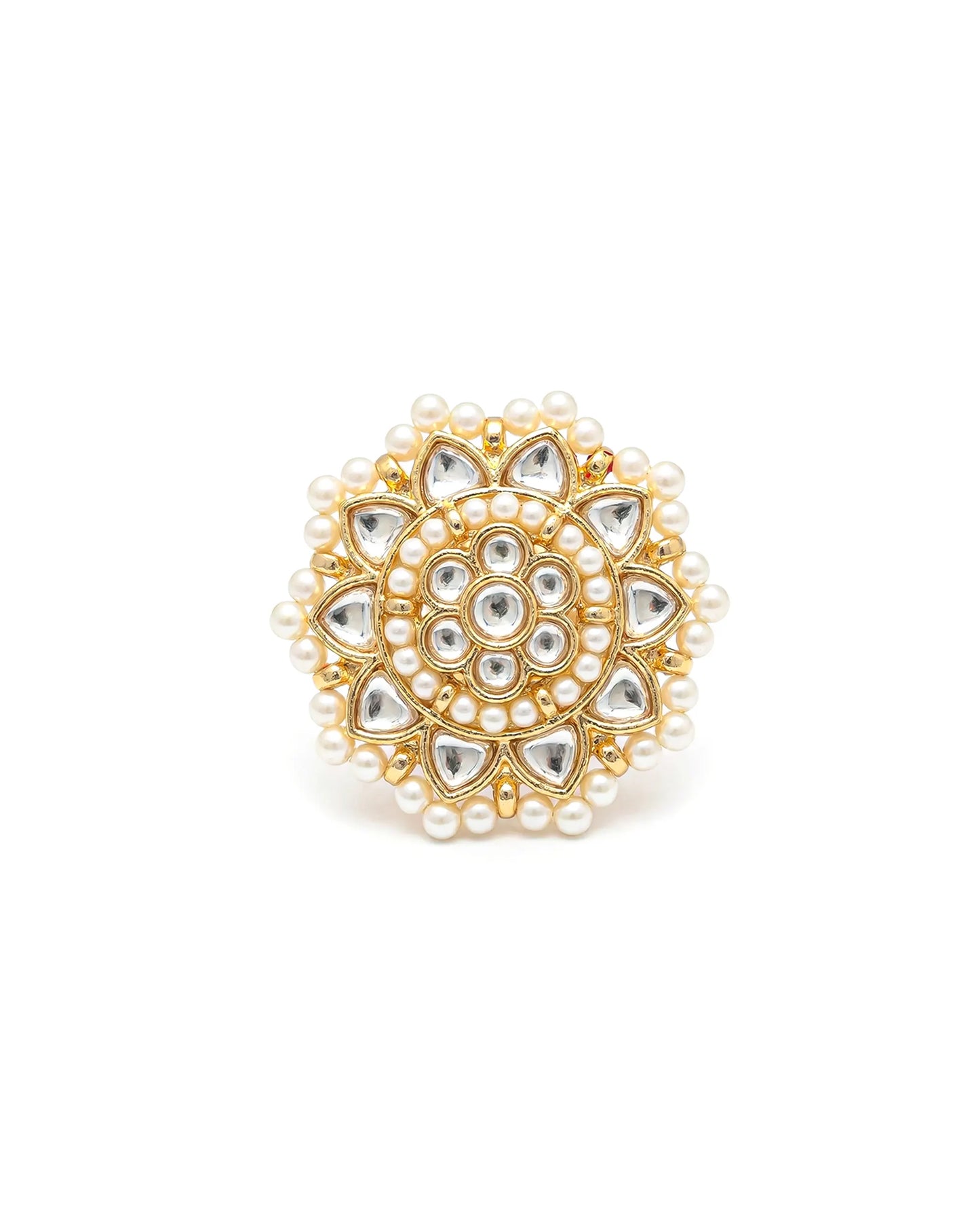 White Kundan Pearl Floral Ring, Antique Gold Adjustable Bridal Ring Jewelry