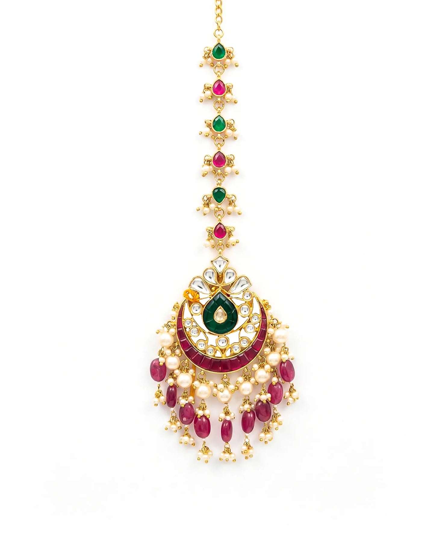 Royal Kundan Maang Tikka, Gold-Plated Pearl Forehead Jewelry, Ruby Emerald Wedding Headpiece