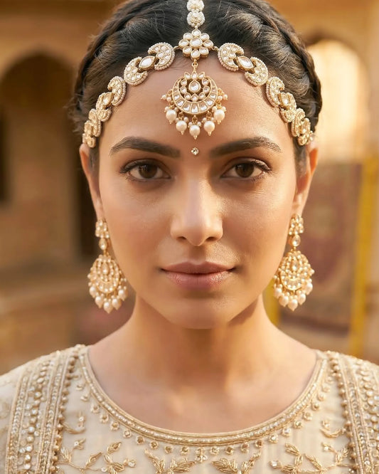 Kundan Sheeshpatti with Maang Tikka, Pearl Bridal Headpiece, Indian Wedding Jewelry
