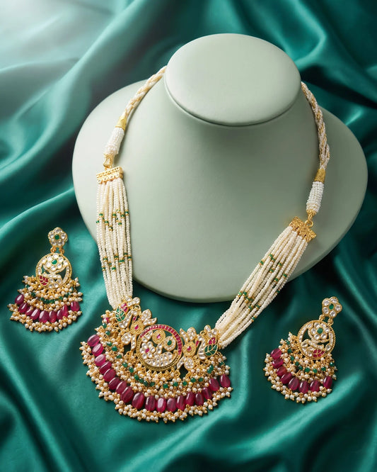 Indian Kundan Choker Necklace Set, Bridal Pearl Jewelry with Pink Green Stones