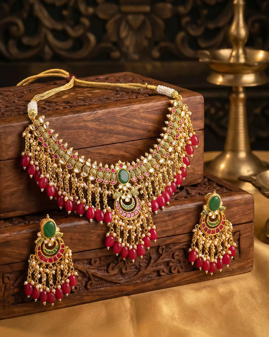 Traditional Regal Kundan Choker Set with Ruby Red and Emerald Green Hanging Beads