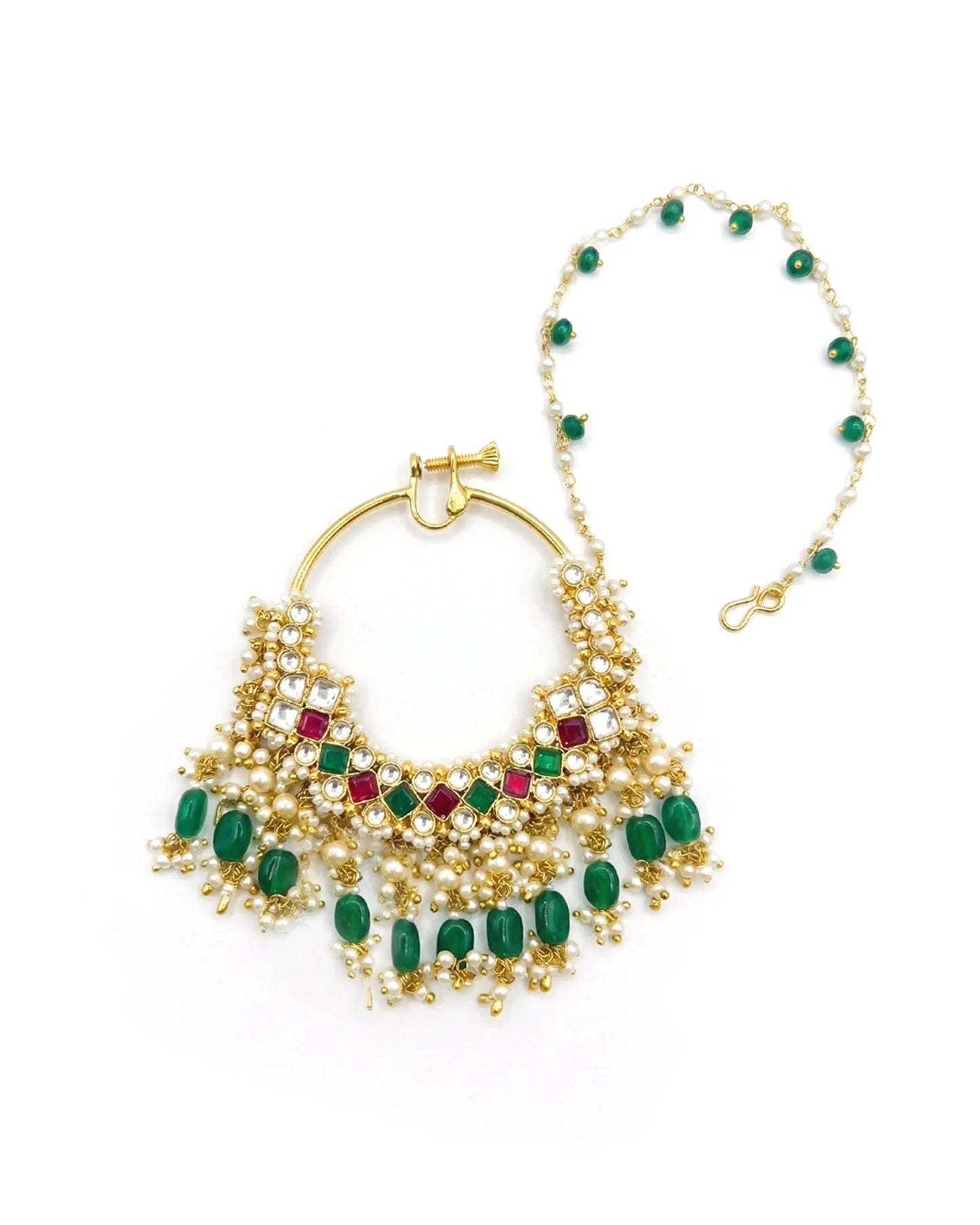 Royal Kundan Bridal Nath – Green Beaded Indian Wedding Nose Ring