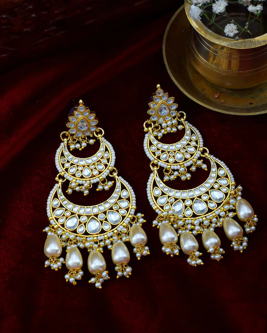 Gold Plated Jadau Chandbali Earrings with Pearl Drops