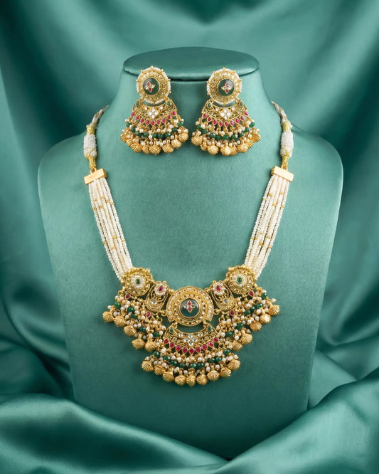 Antique Gold Kundan Meenakari Choker Necklace Set with Earrings, Indian Bridal Jewelry