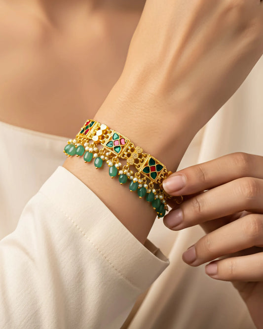 Traditional Kundan Beaded Bracelet, Gold Tone Ethnic Bridal Jewelry