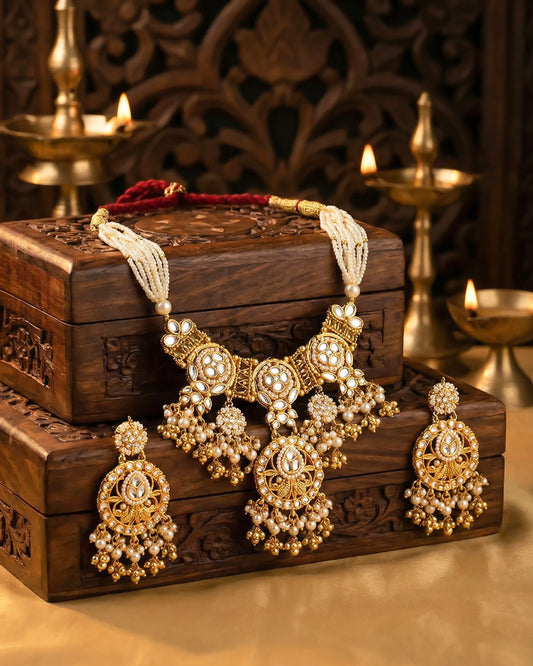Gold Plated Kundan Bridal Choker Necklace Set with Earrings, Indian Wedding Jewelry