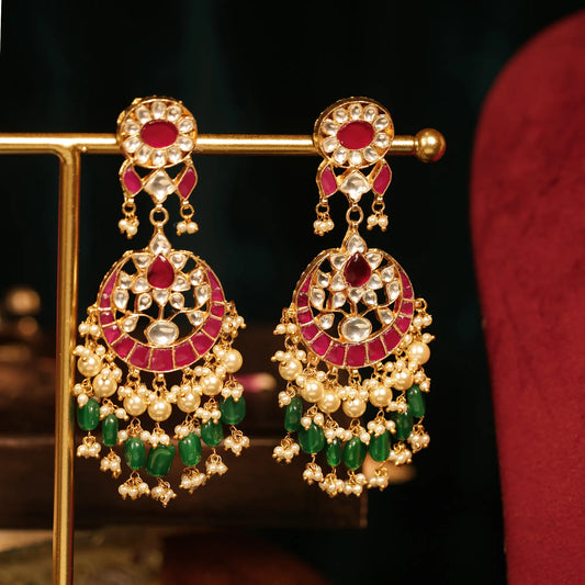 Kundan Bridal Choker Necklace Set, Red Green Pearl Indian Wedding Jewelry, Meenakari Gold Choker Set with Earrings, Statement Ethnic Jewelry