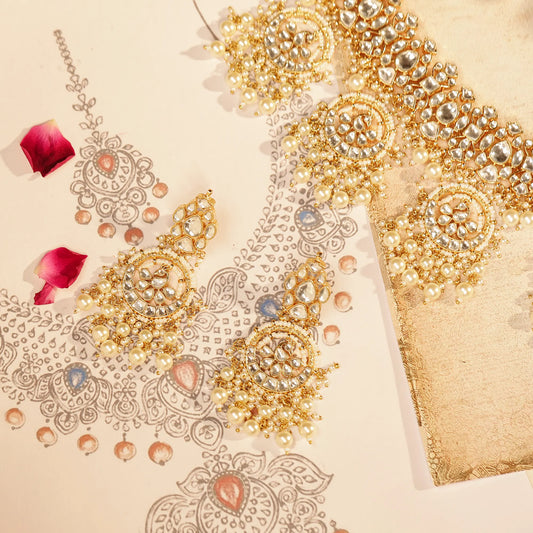 Gold Kundan Choker Necklace Set with Earrings, Bridal Polki Jewelry Set, Pearl Drop Indian Wedding Jewelry, Traditional Ethnic Statement Set