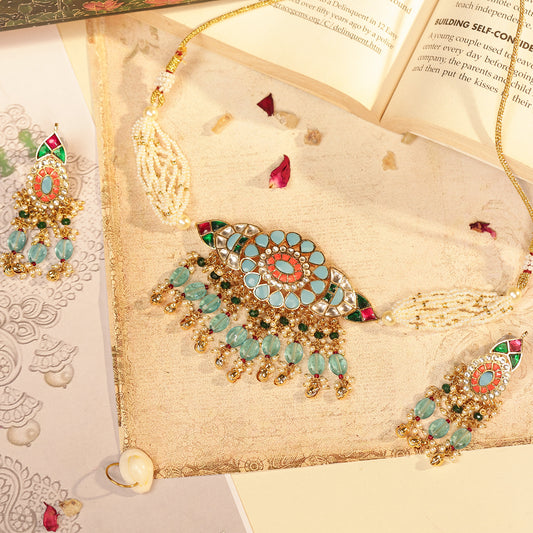 Blue Kundan Choker Necklace Set Pearl Multi-Strand Polki