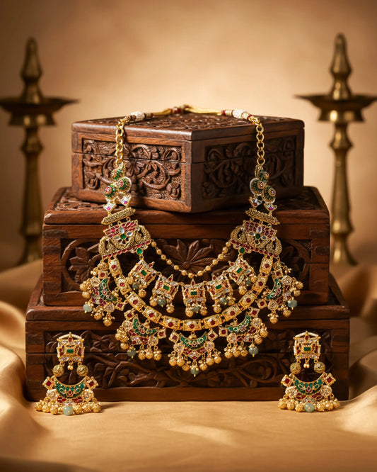Antique Gold Kundan Meenakari Bridal Necklace Set, Indian Wedding Jewelry