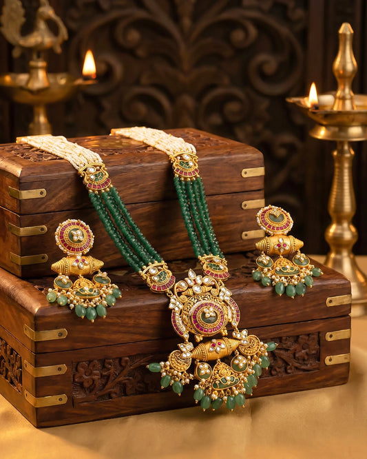 Green Kundan Bridal Necklace Set, Multi Strand Pearl, Antique Gold Indian Wedding Jewelry