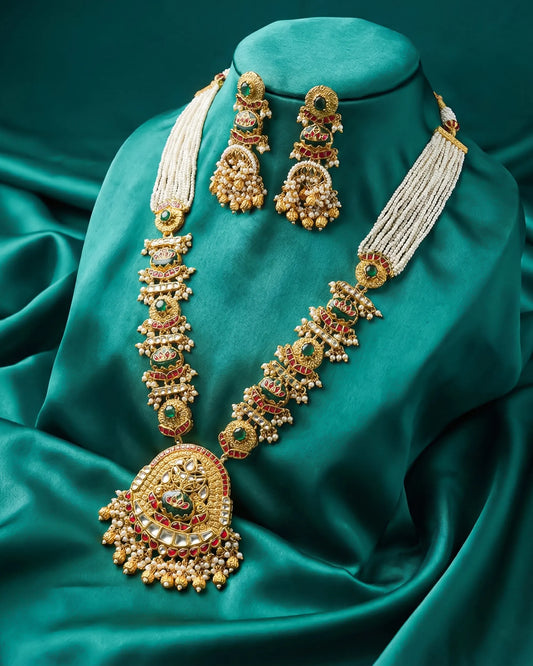 Antique Gold Kundan Bridal Necklace Set, Green Red Stones, Rajasthani Pearl Haar