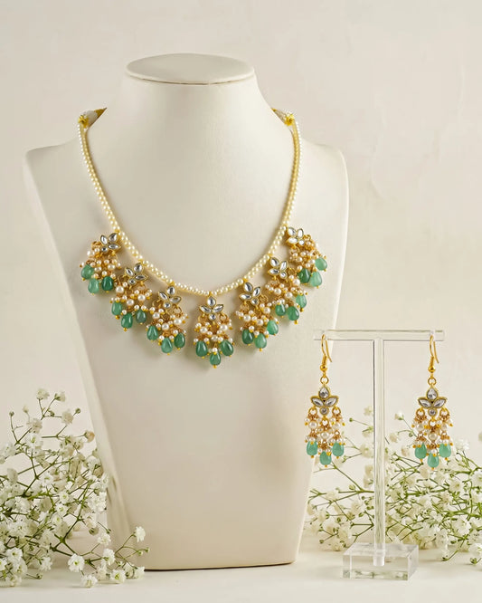 Kundan Pearl Green Beads Necklace Set, Gold Plated Indian Bridal Jewelry