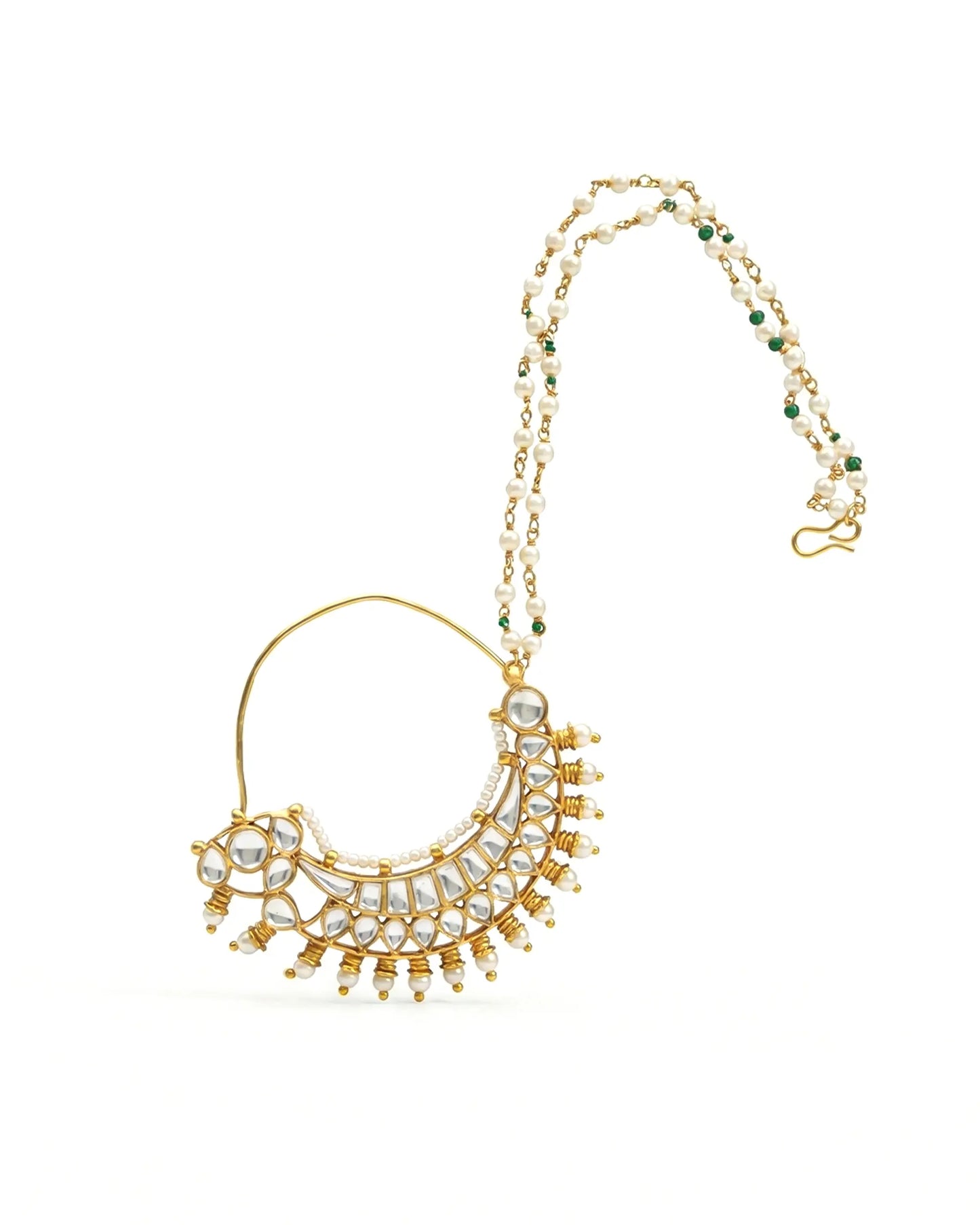 Kundan Pearl Bridal Nath – Gold Plated Crescent Nose Ring with Double Beaded Chain