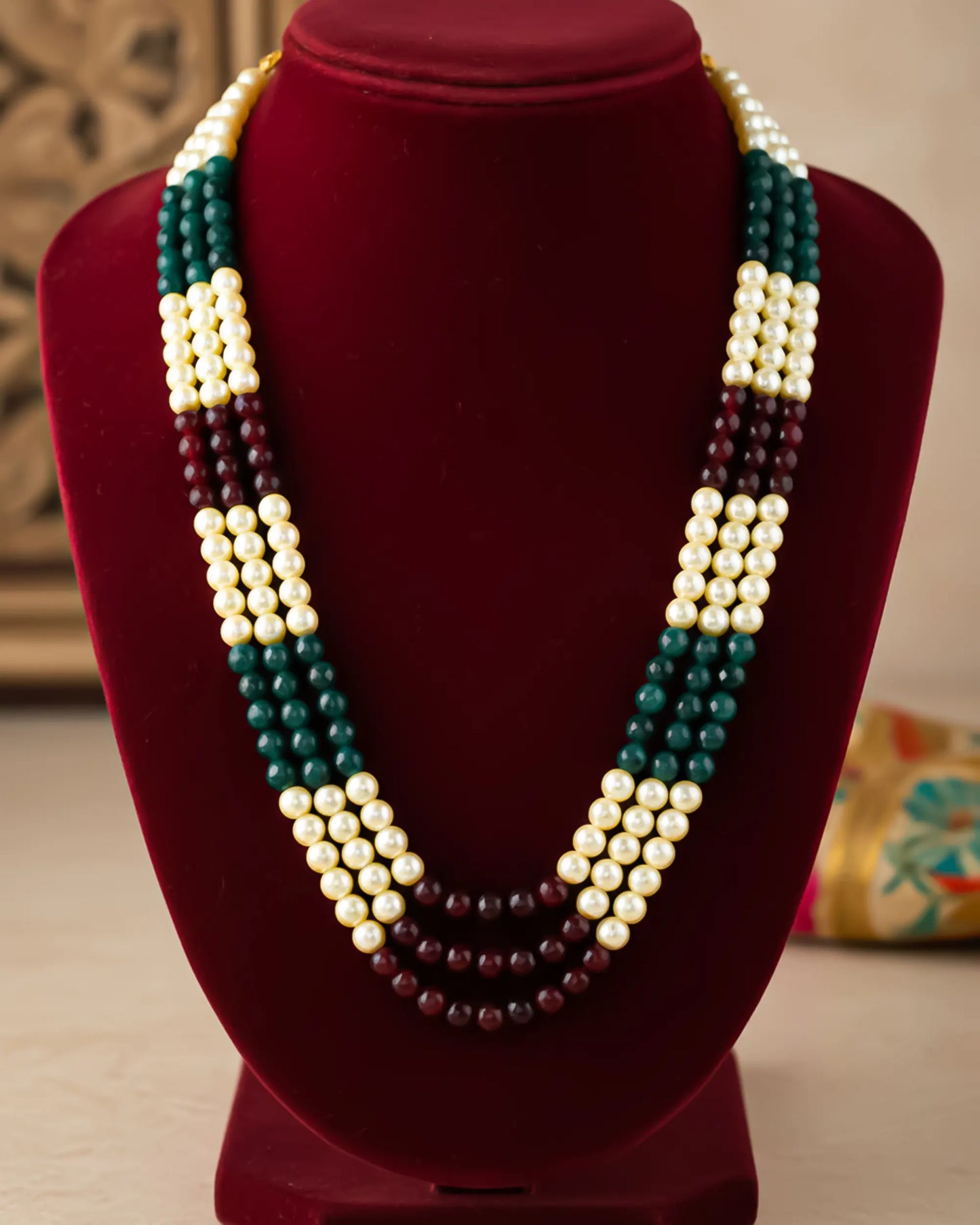 Multi-Layer Pearl Green and Pink Beads Dulha Mala Necklace, Traditional Indian Groom Sherwani Jewelry