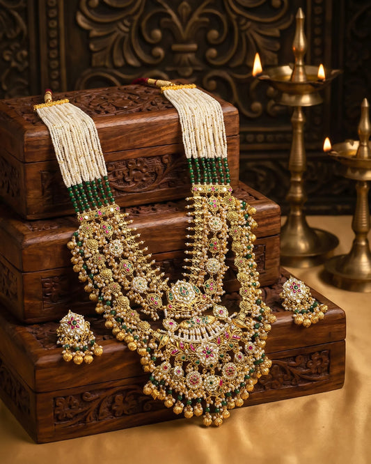 Antique Gold Plated Kundan Polki Necklace Earrings Set, Traditional Indian Bridal Jewelry