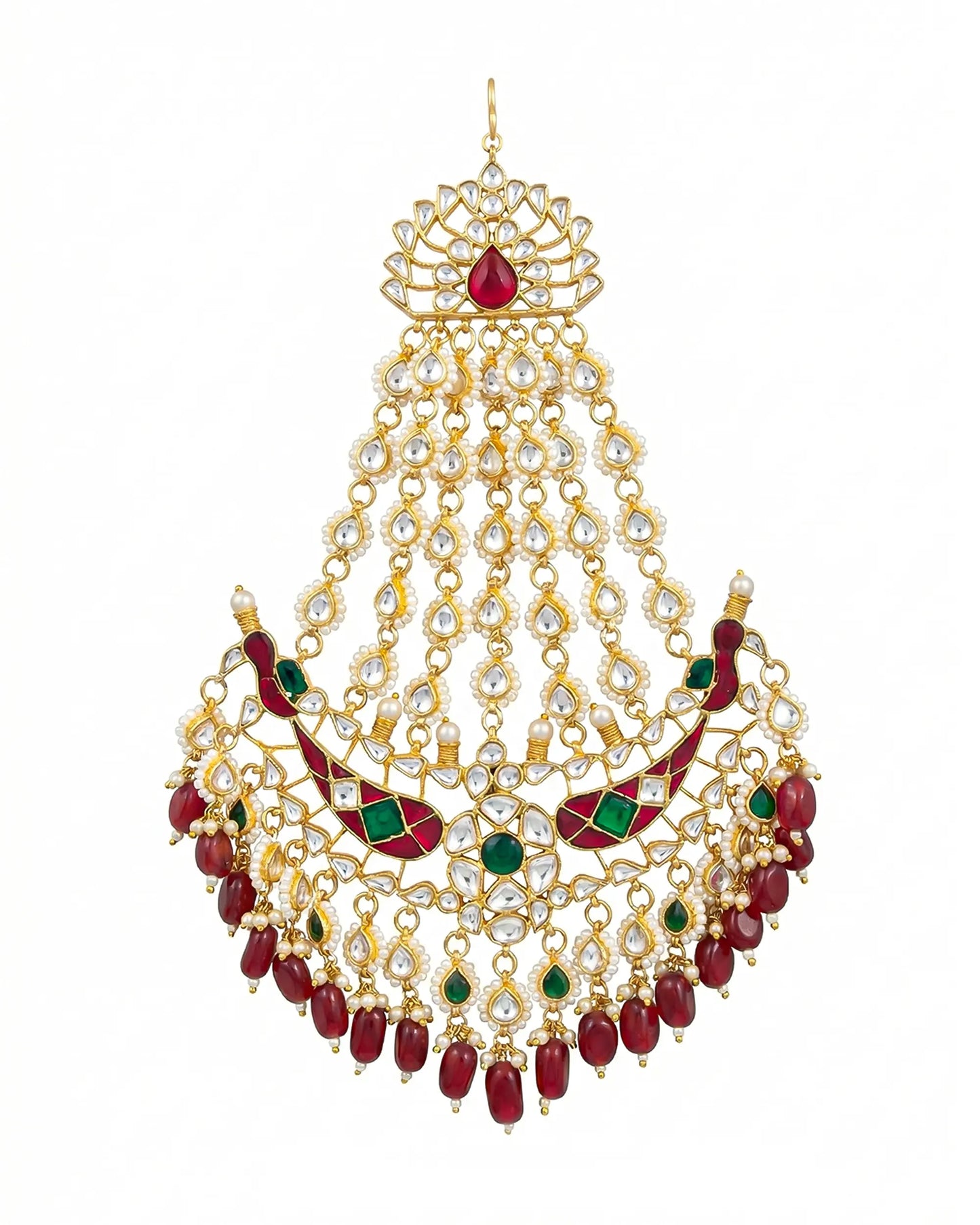 Royal Peacock Kundan Passa Jewelry – Red and Green Stone Bridal Side Headpiece