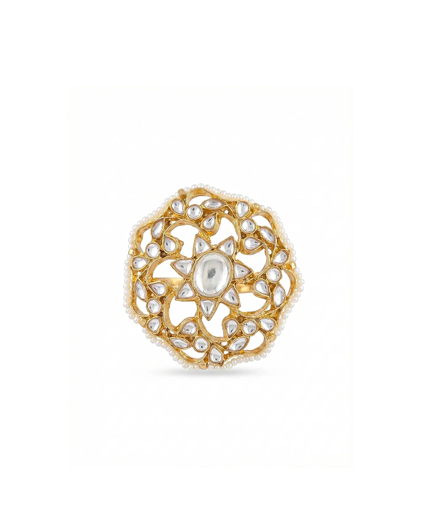Adjustable Gold Kundan Pearl Ring, Indian Bridal Jewelry