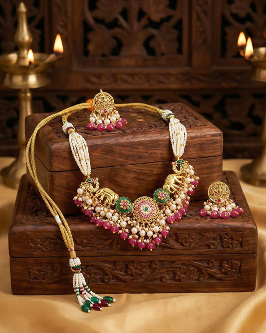 Antique Gold Pearl Necklace Set, Pink Green Stones, Traditional Indian Bridal Jewelry