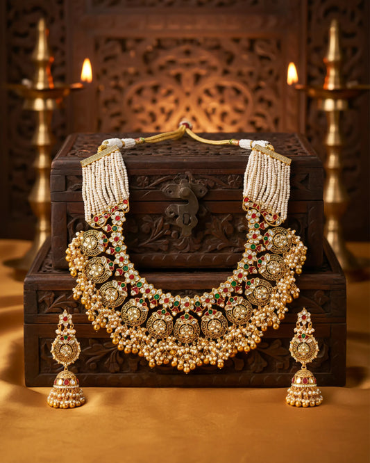 Bridal Kundan Necklace Set, Antique Gold Plated Pearl Choker, Indian Wedding Jewelry