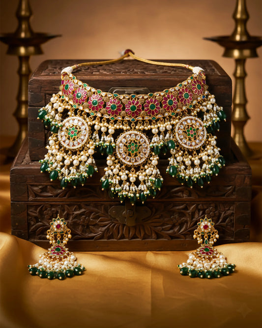Bridal Antique Gold Choker Necklace Set with Earrings Kundan Meenakari and Green Beads