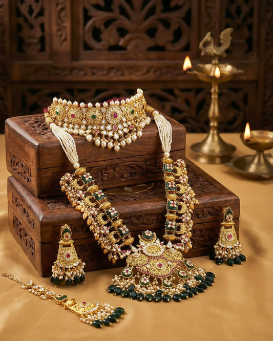 Antique Gold Kundan Meenakari Bridal Necklace Set with Earrings | Indian Wedding Jewelry