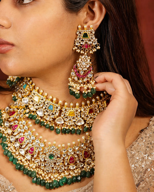 Gold Plated Kundan Bridal Necklace Set with Maang Tikka & Chandbali Earrings, Indian Wedding Jewelry Set, Green Beads Rani Pink Polki Choker