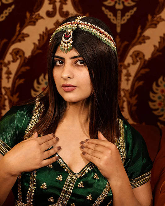 Bridal Kundan Sheeshpatti Matha Patti with Green Beads, Indian Wedding Head Jewelry, Gold Pearl Multicolor Headpiece