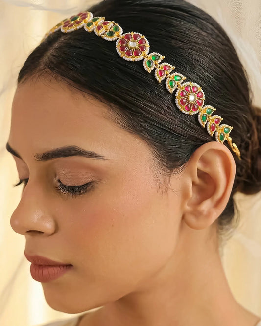 Handmade Kundan Pearl Matha Patti, Red Green Floral Bridal Headpiece, Boho Ethnic Jewelry