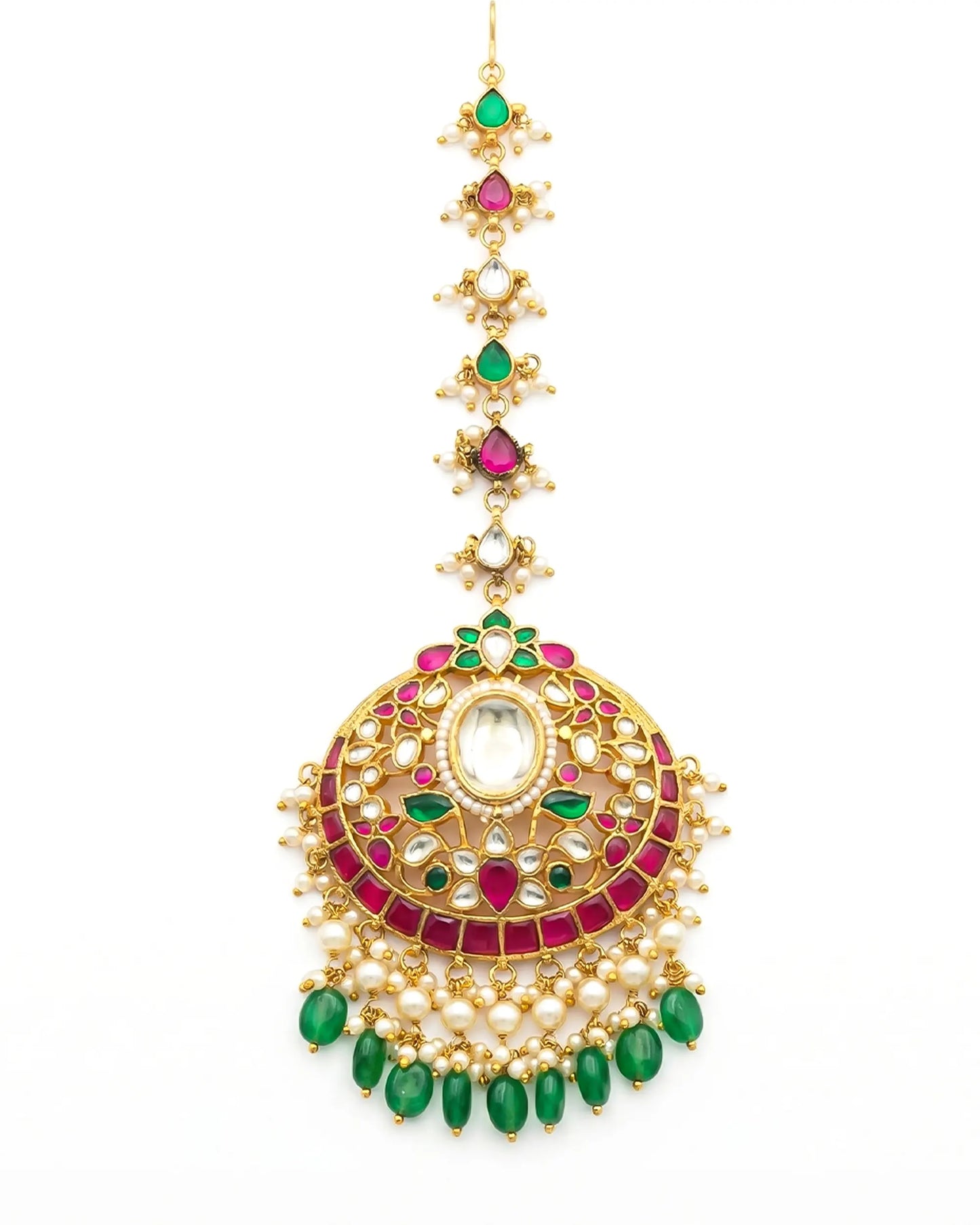 Indian Bridal Maang Tikka Headpiece, Kundan Pearl Forehead Jewelry, Green Bridal Headpiece for Wedding, South Asian Bride Accessory