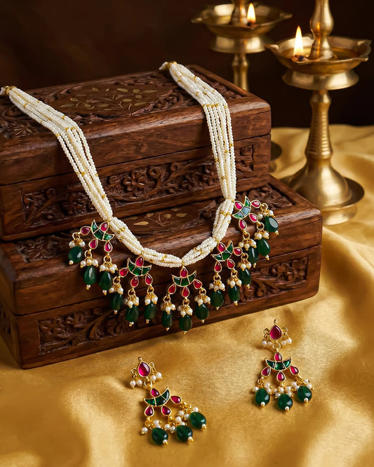 Gold Plated Kundan Pearl Necklace Set, Indian Bridal Choker with Earrings Jewelry