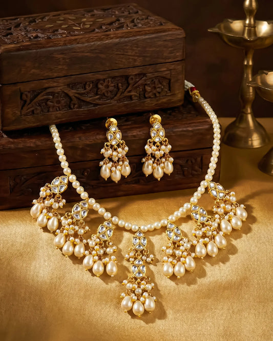 Kundan Meenakari Pearl Necklace Set with Dangle Earrings, Gold Tone Bridal Jewelry