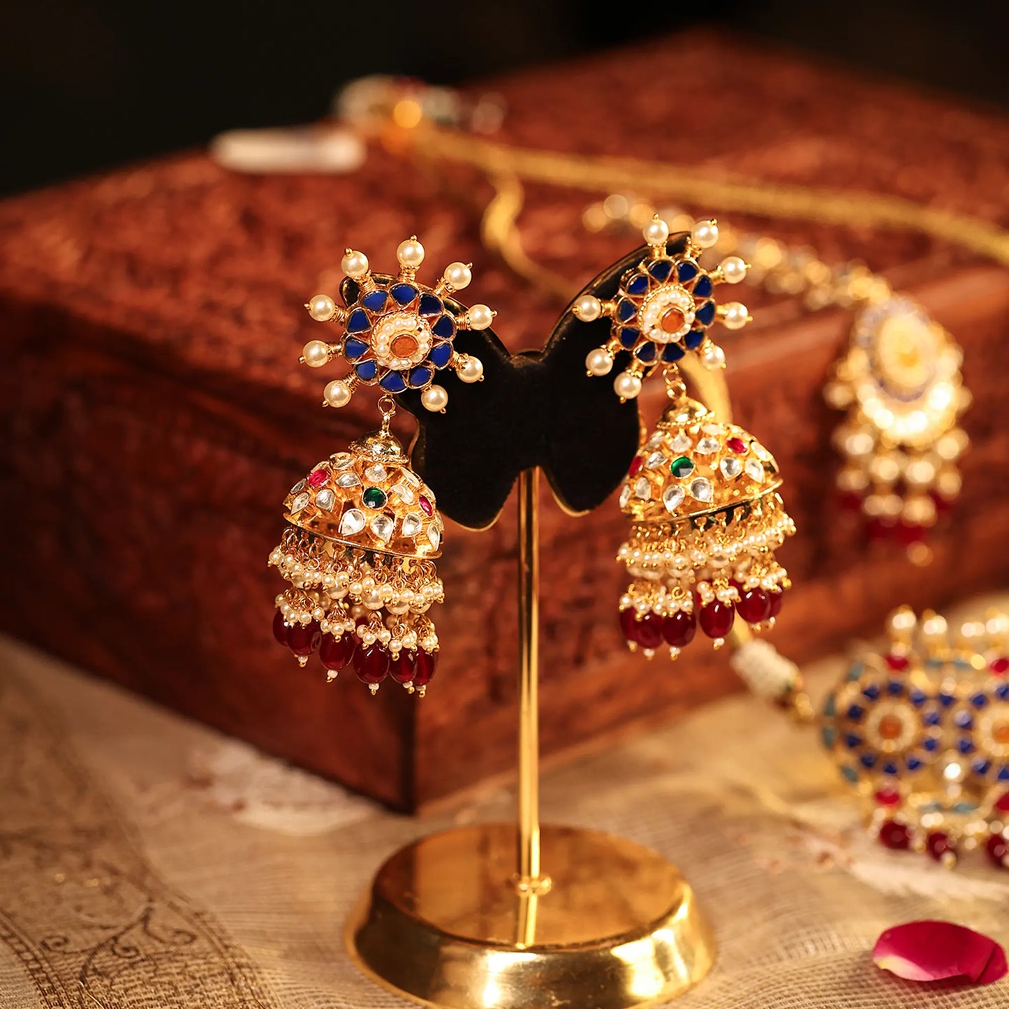 Gold Kundan Bridal Choker Set with Jhumka Earrings, Red Green Stone Necklace, Indian Wedding Jewelry Set, Pearl Drop Bridal Jewelry