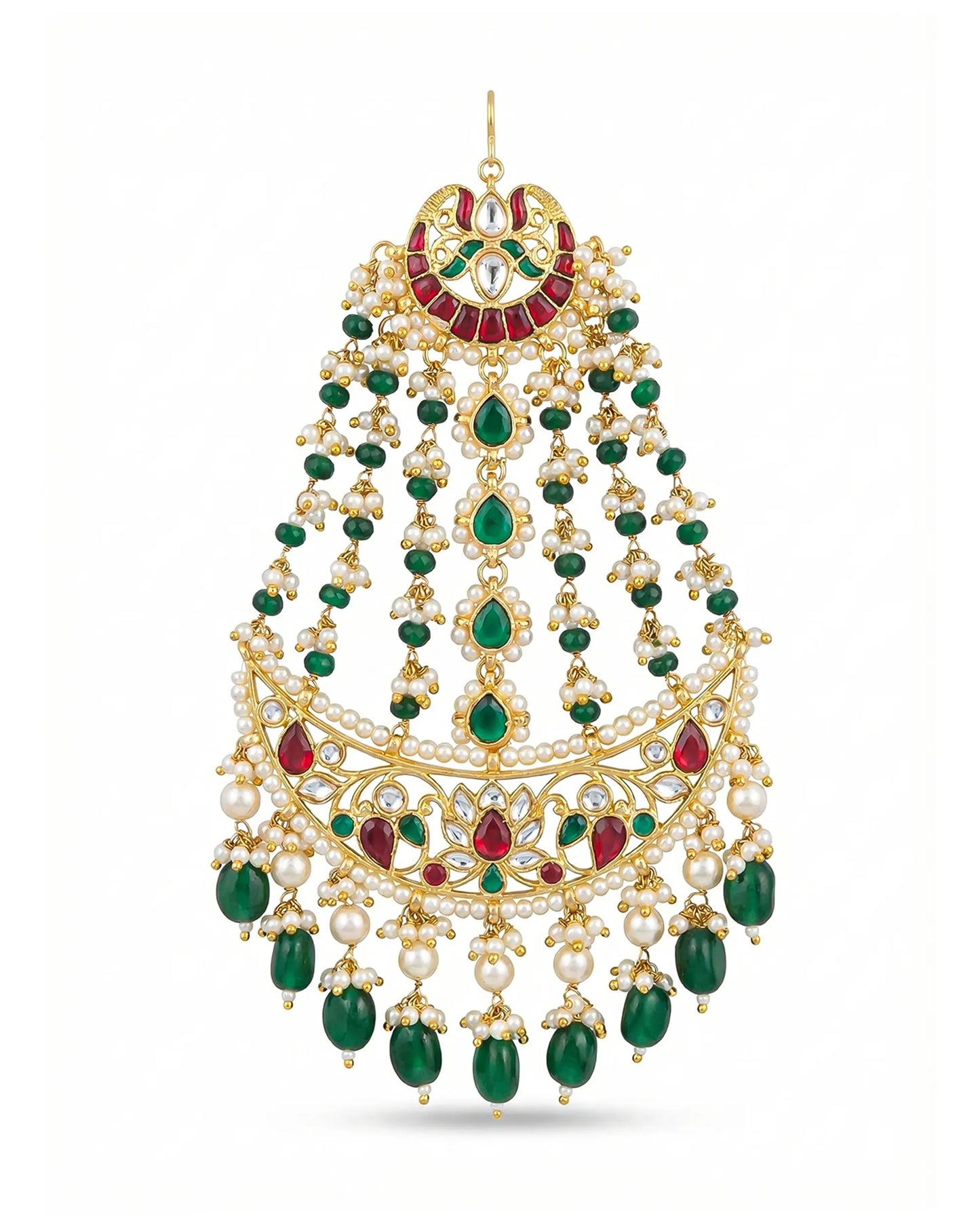 Mughal Bridal Kundan Passa – Gold-Toned Green Beads Pearl Drops Headpiece