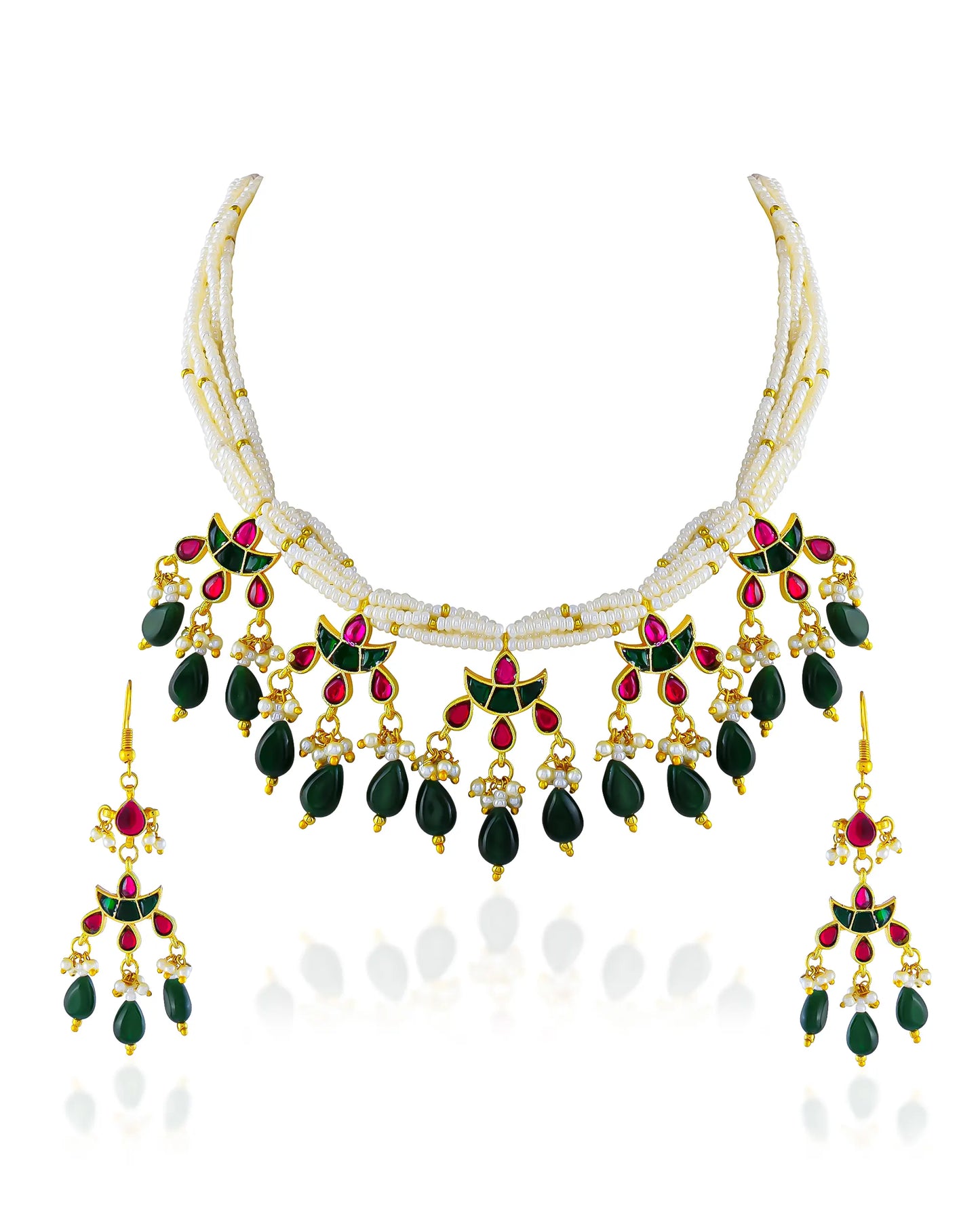 Gold Plated Kundan Pearl Necklace Set, Indian Bridal Choker with Earrings Jewelry