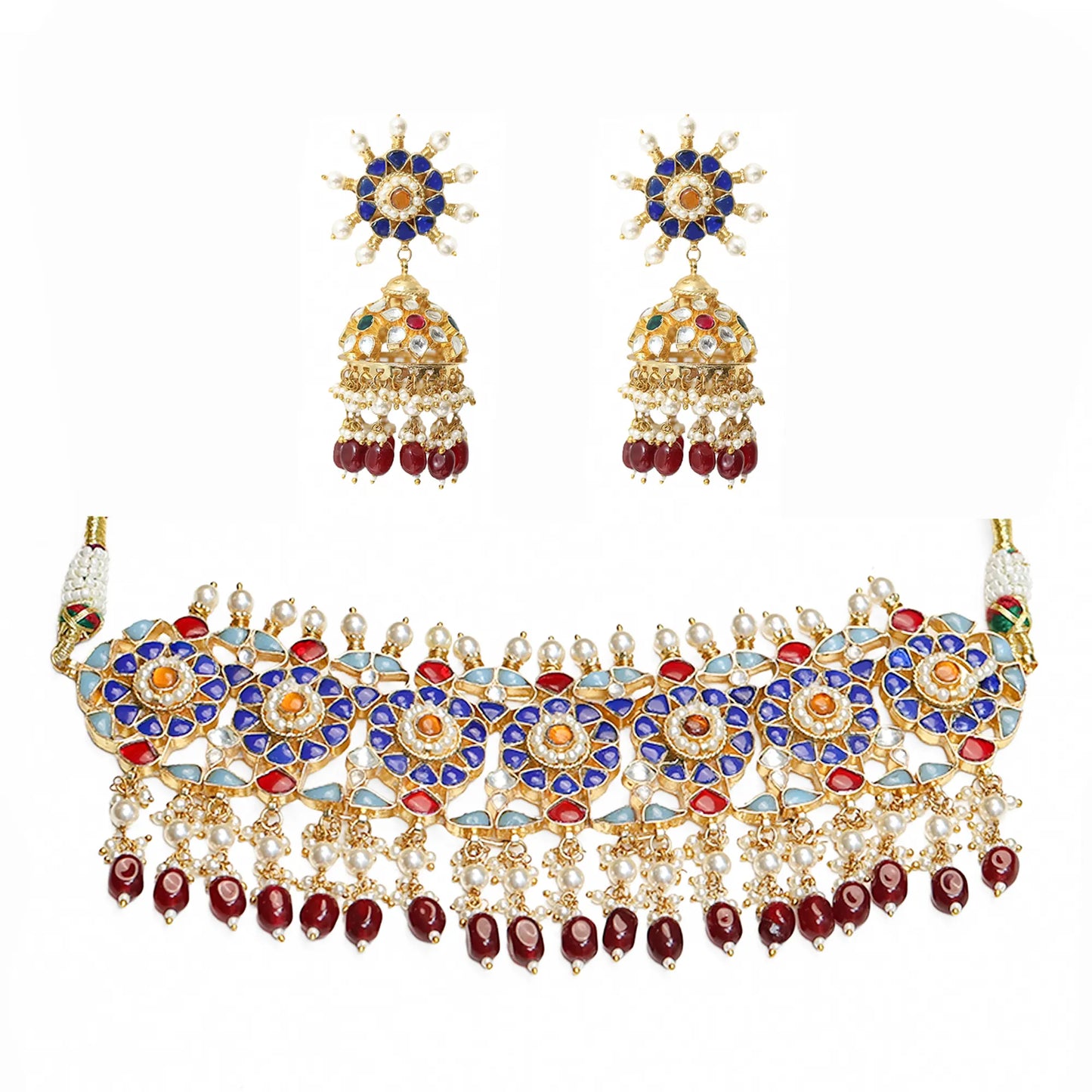 Kundan Choker Necklace Set with Jhumka Earrings, Traditional Indian Bridal Jewelry, Pearl & Ruby Beaded Gold Choker, Wedding Jewelry Set
