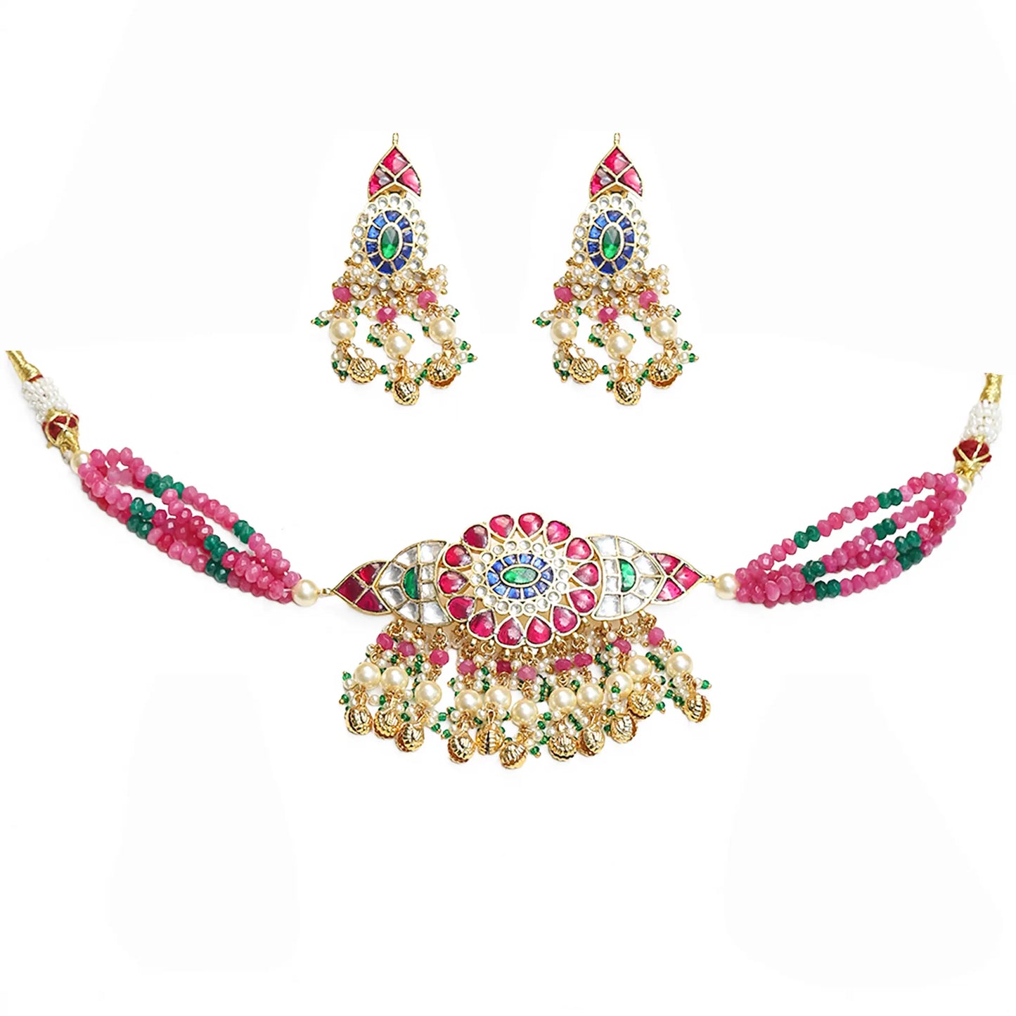 Pink Kundan Choker Necklace Set with Earrings, Indian Bridal Jewelry, Green Beaded Choker, Traditional Wedding Necklace, Pearl Drop Jewelry