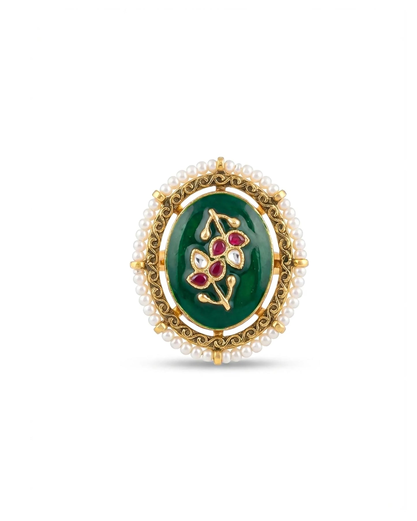Oval Kundan Statement Ring, Green Floral Pearl Border, Traditional Cocktail Jewelry