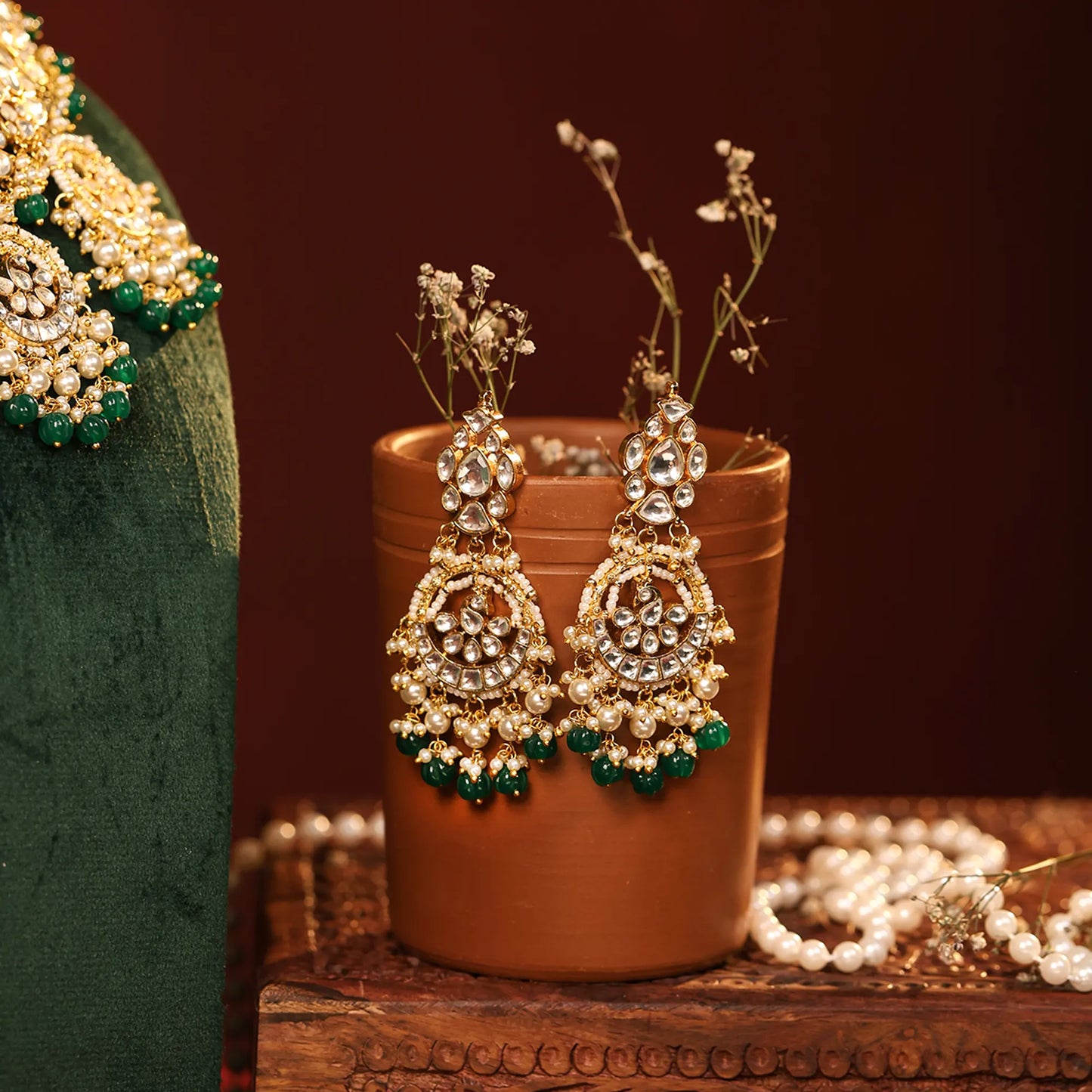 Kundan Polki Choker Green Beads Necklace Set: Indian Wedding Jewelry, 18k Gold Plated Bridal Jewelry Gift for her
