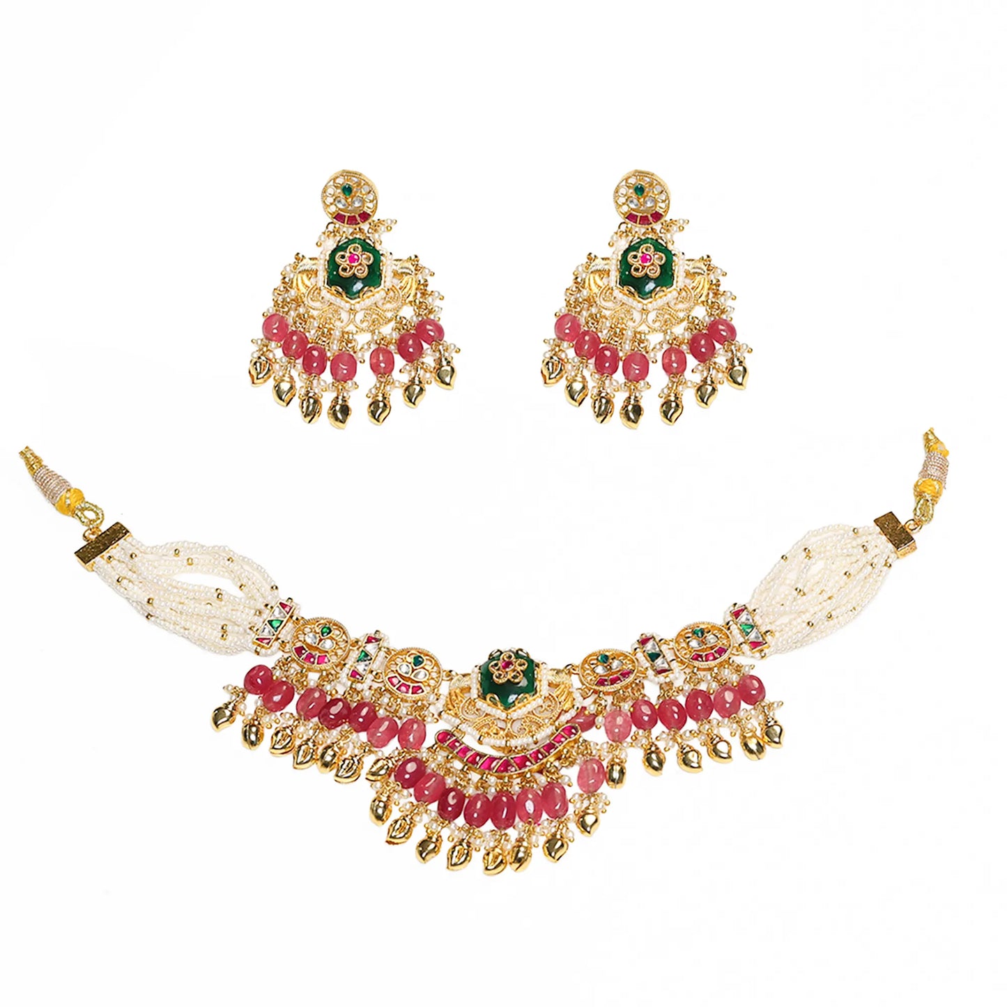 Pink Kundan Choker Necklace Set with Earrings, Indian Bridal Jewelry, Green Beaded Choker, Traditional Wedding Necklace, Pearl Drop Jewelry